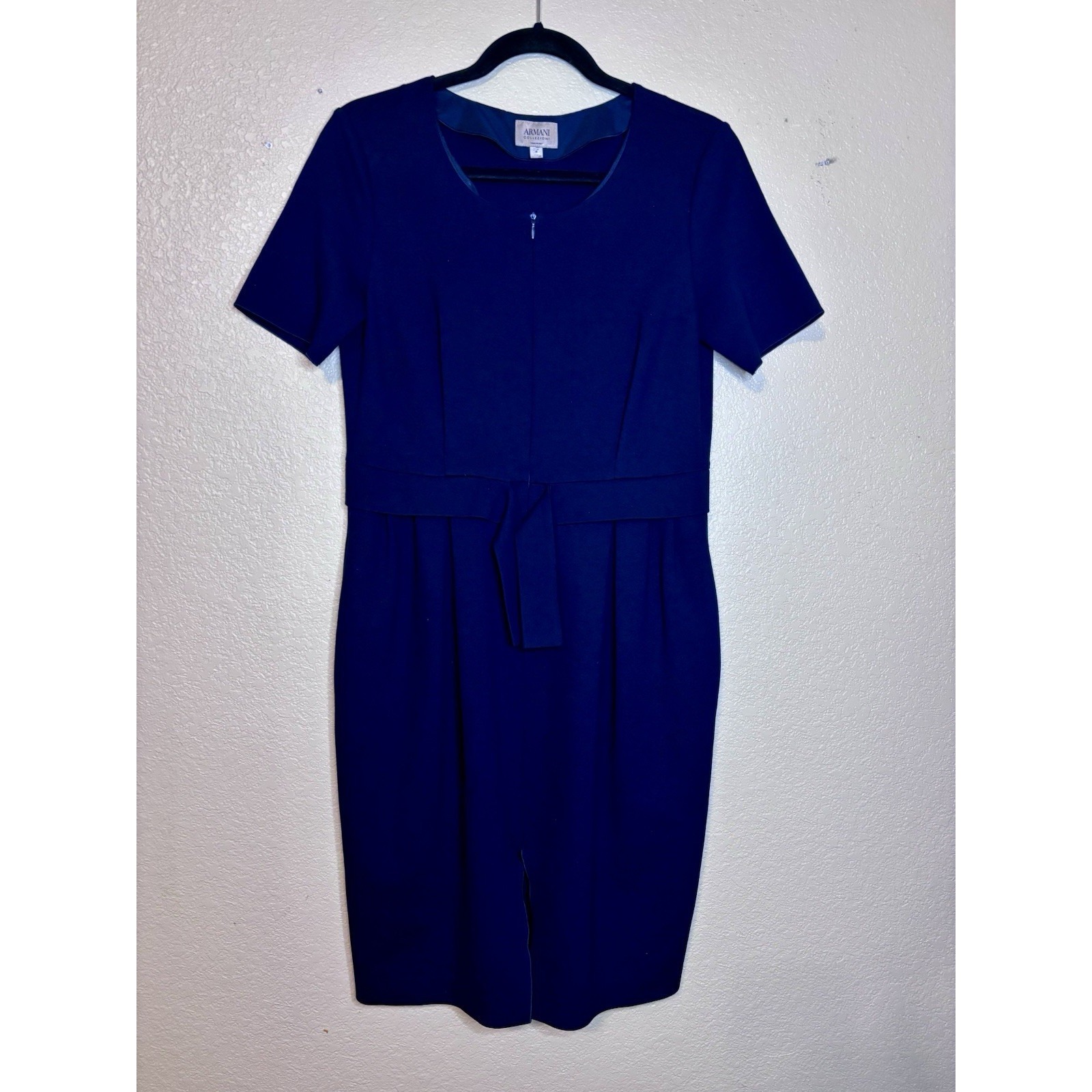 Armani Collezioni Navy Short Sleeve Belted Pencil Midi Dress Made In Italy Sz 8
